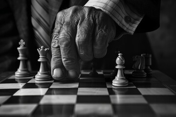 Focused shot of an attorney's fingers poised over a chessboard, strategizing moves that mirror courtroom tactics. - obrazy, fototapety, plakaty