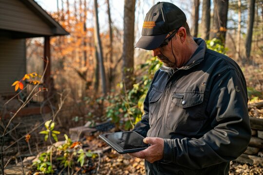 Prevention specialist using a tablet to show homeowners how to create defensible space around properties.