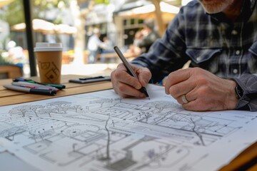 A civil engineer sketching a quick concept of a public square renovation on a napkin during a coffee break.