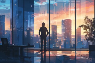 An accountant taking a break, standing by a window overlooking the city, reflecting on a successful audit completion. - obrazy, fototapety, plakaty