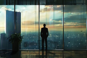 An accountant taking a break, standing by a window overlooking the city, reflecting on a successful audit completion.