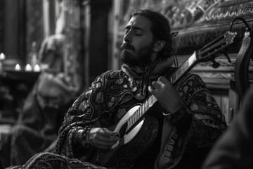 A bard employs a loop station to enhance his performance in the king's court, blending old melodies with new beats.