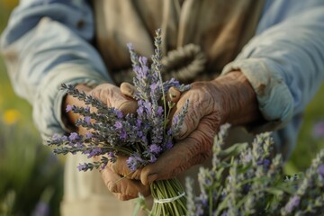 Focused on a beekeeper’s weathered hands tying a bouquet of lavender, a gift from the garden. - obrazy, fototapety, plakaty