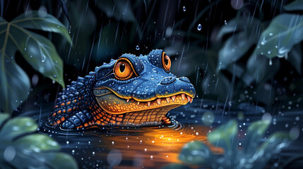 illustration of a crocodile in the rain flat style - obrazy, fototapety, plakaty