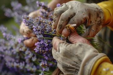 Focused on a beekeeper’s weathered hands tying a bouquet of lavender, a gift from the garden.
