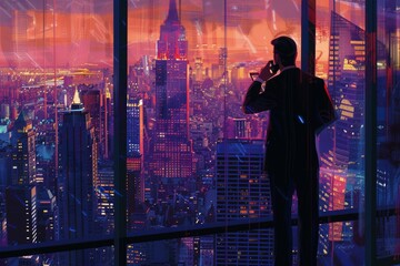 An accountant standing at a high rise window, phone to ear, negotiating a deal while overlooking the bustling city below.