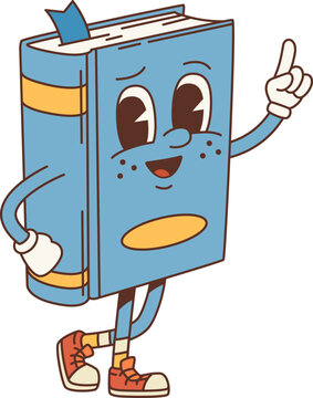 Cartoon retro book groovy character in hippie comic art, vector funky personage. 60s and 70s hippie groovy book with wise look, bookmark and index finger up for kids cartoon funny groovie character
