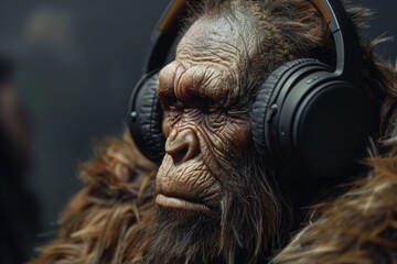 Close up of a Neanderthal wearing noise cancelling headphones, experiencing silence amidst urban chaos.