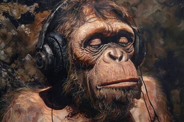 Close up of a Neanderthal wearing noise cancelling headphones, experiencing silence amidst urban chaos. - obrazy, fototapety, plakaty