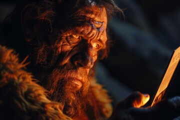 Close up of a Neanderthal's face, illuminated by the soft light of an e reader, engrossed in a prehistoric fiction novel.