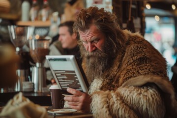 Neanderthal at a coffee shop, confused by a touchscreen menu while ordering a simple black coffee.