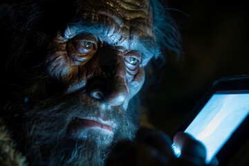 Close up of a Neanderthal's face, illuminated by the soft light of an e reader, engrossed in a prehistoric fiction novel.