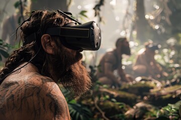 Neanderthal participating in a virtual reality game, tactically leading a clan through survival challenges.