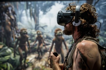 Neanderthal participating in a virtual reality game, tactically leading a clan through survival challenges.