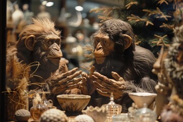 Neanderthals in a home decor store, touching and feeling different textures. - obrazy, fototapety, plakaty