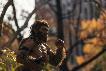 Neanderthal wearing a fitness tracker, jogging through a city park, checking their heart rate with interest.