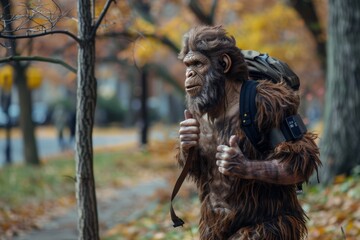 Neanderthal wearing a fitness tracker, jogging through a city park, checking their heart rate with interest.
