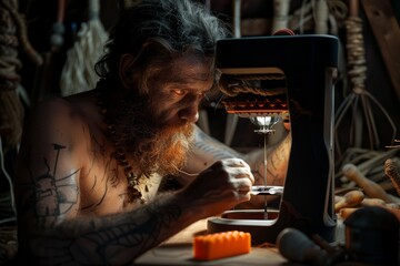 A Neanderthal artist using a 3D printer to create replicas of ancient tools, marveling at the technology. - obrazy, fototapety, plakaty