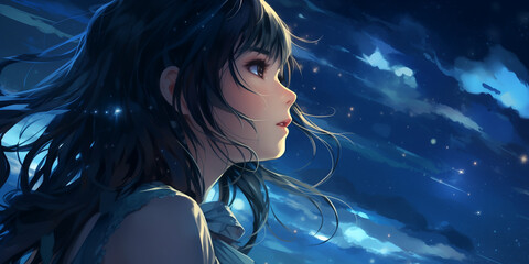 **: An anime girl with a hopeful expression, staring up at the night sky filled with stars, symbolizing a moment of hope and optimism amidst a backdrop of darkness, depicted in a realistic HD image. - - obrazy, fototapety, plakaty