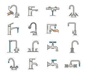 Tap bathroom and kitchen faucet icons of bath water sink, vector outline symbols. Kitchen or bathroom tap faucet types with water drops, hands and valves and mist pipe in line pictograms