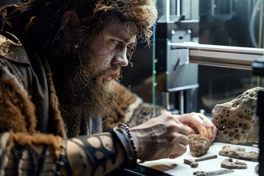 A Neanderthal artist using a 3D printer to create replicas of ancient tools, marveling at the technology.