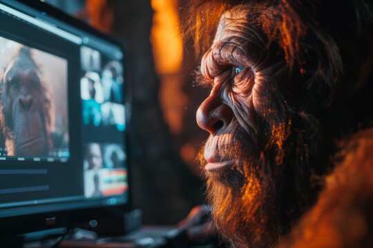 Close up of a Neanderthal's reflection on a computer screen, video editing a documentary about their life.