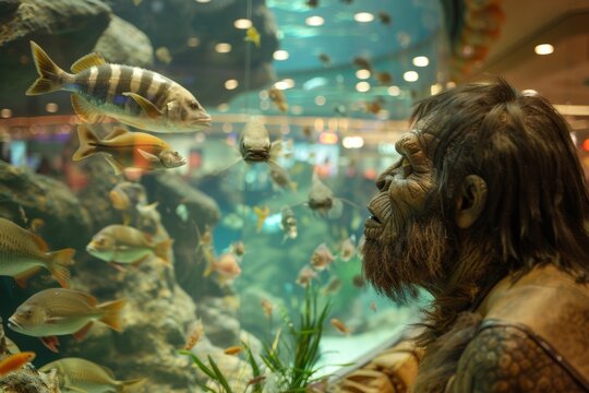 A Neanderthal marveling at the fish in an aquarium style decoration in the mall.
