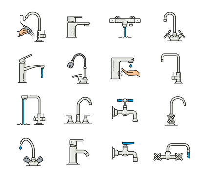 Tap bathroom and kitchen faucet icons of bath water sink, vector outline symbols. Kitchen or bathroom tap faucet types with water drops, hands and valves and mist pipe in line pictograms