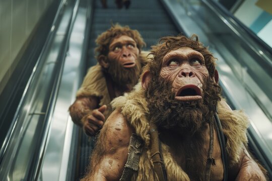 Two Neanderthals using escalators, one of them looking amazed.
