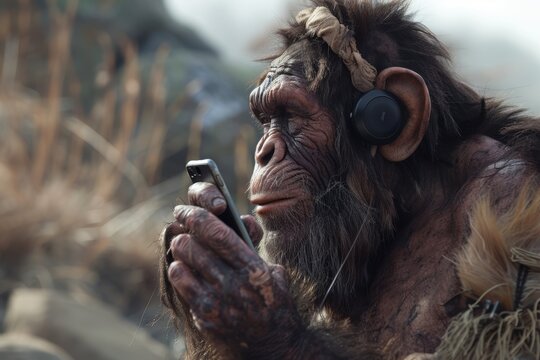 Neanderthal using a voice activated assistant to play music, speaking in a blend of ancient and modern languages.