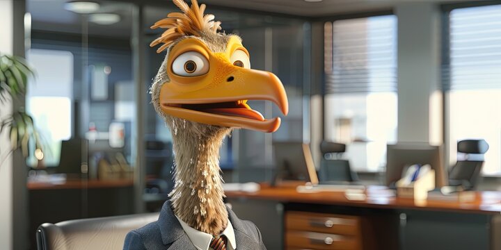 Dodo bird wearing a suit in an office, 