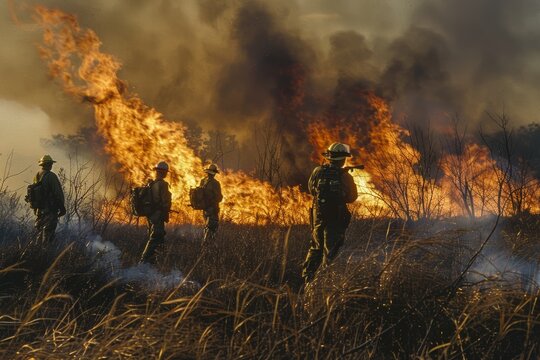 Prevention team conducting controlled burn operations, with specialists monitoring the controlled chaos.