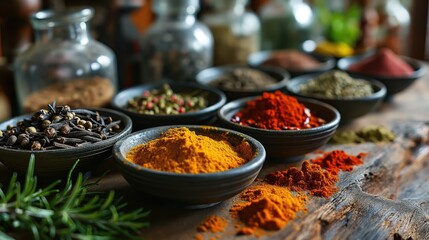 Variety of spices on kitchen table. Created with generative AI.