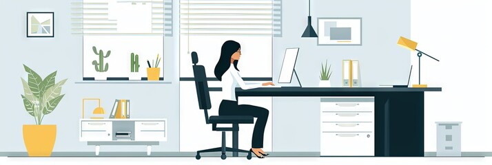 Vector style illustration of a woman working in her  office - workplace business concept with laptop computer and workstation on desk with chair