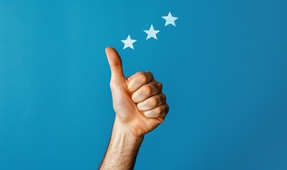 Man's hand with thumbs up and 3 stars, expressing satisfaction against blue backdrop - obrazy, fototapety, plakaty