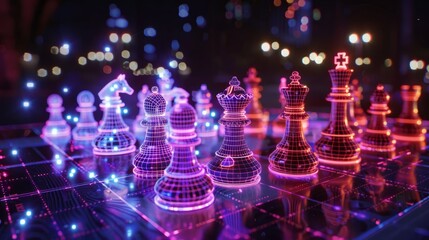 A futuristic chessboard with holographic pieces, symbolizing innovation and adaptation in corporate strategy