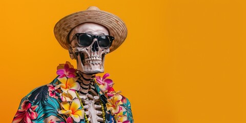 Skeleton wearing sunglasses, hat, and hawaiian shirt and lei - obrazy, fototapety, plakaty