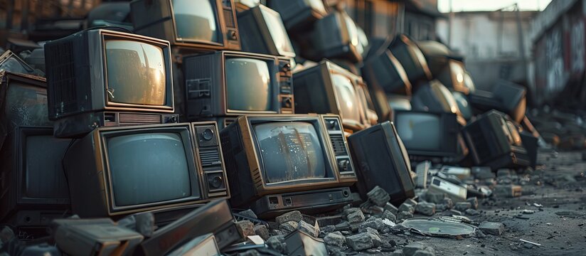 Many outdated computer monitors abandoned as a pile of garbage. Environmental problems that come from electronic waste