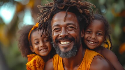 A man laughing uproariously as he plays with his young nieces and nephews. - obrazy, fototapety, plakaty