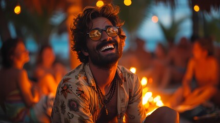 A man laughing with friends around a bonfire, sharing stories and jokes late into the night. - obrazy, fototapety, plakaty