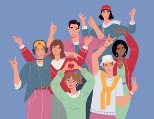Happy positive people, group portrait. People showing positive hands gestures. Love, cool, support, ok symbol. Flat vector illustration isolated on blue background.