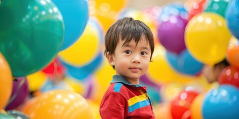 Young kid at birthday party with balloon