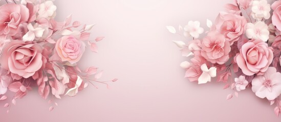 Pink roses and delicate white butterflies adorning a soft pink background create a charming and elegant scene
