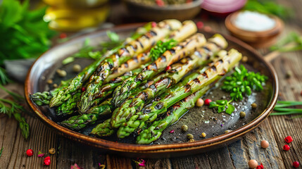 Grilled Asparagus Spears on Rustic Plate with Seasonings