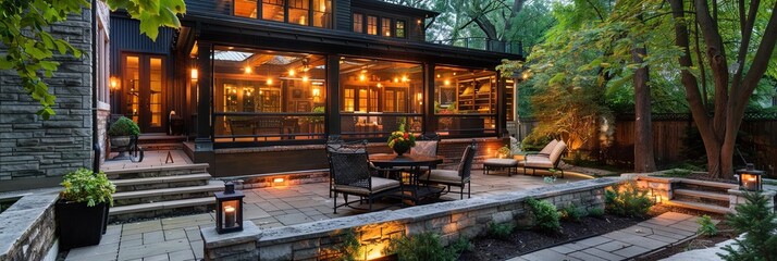 Backyard patio garden - brick porch with patio furniture and vegetation - obrazy, fototapety, plakaty