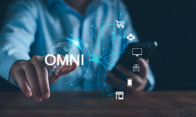Omnichannel marketing business strategy concept. Digital online marketing and customer engagement by integrated channels. Global linked transfer communication lines. Omnichannel online retail business - obrazy, fototapety, plakaty