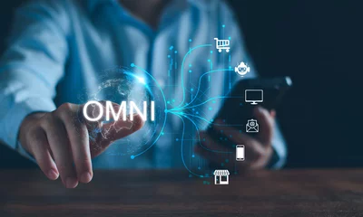 Fotobehang Omnichannel marketing business strategy concept. Digital online marketing and customer engagement by integrated channels. Global linked transfer communication lines. Omnichannel online retail business © LALAKA