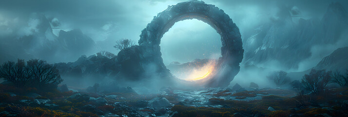 clouds over the sea,
Ancient Round Stone Portal Gateway Monolithic Ru  - obrazy, fototapety, plakaty