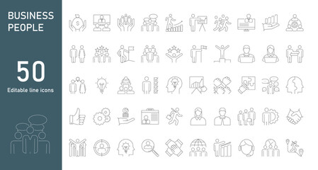 Editable line set of icons on the theme of business people. Vector image on the theme of business, teamwork, leadership, success, partnership, collaboration, career. - 773614296