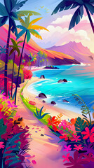 Fototapeta na wymiar Tropical Hawaiian poster. Sunset with Palm Trees and Vibrant Sky